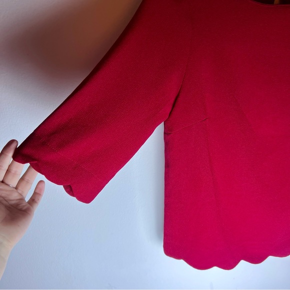 Monteau Red Chiffon 3/4 Sleeve Red Scalloped Hem Blouse - Work Top - Picture 3 of 6